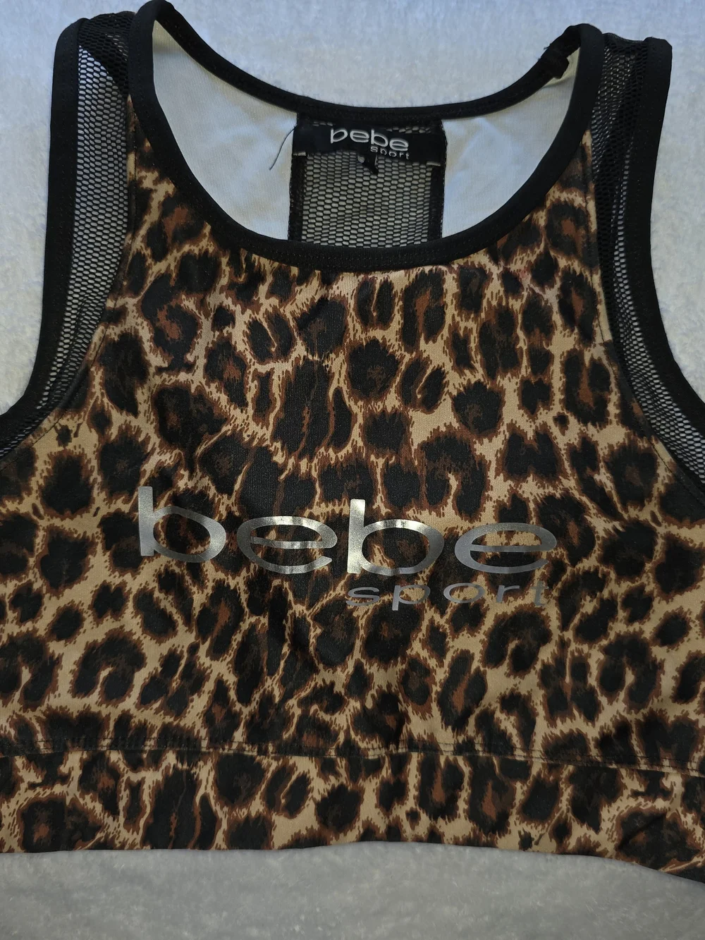 bebe Sport Leopard Print Mesh-Trim Athletic Crop Top - Black and Brown